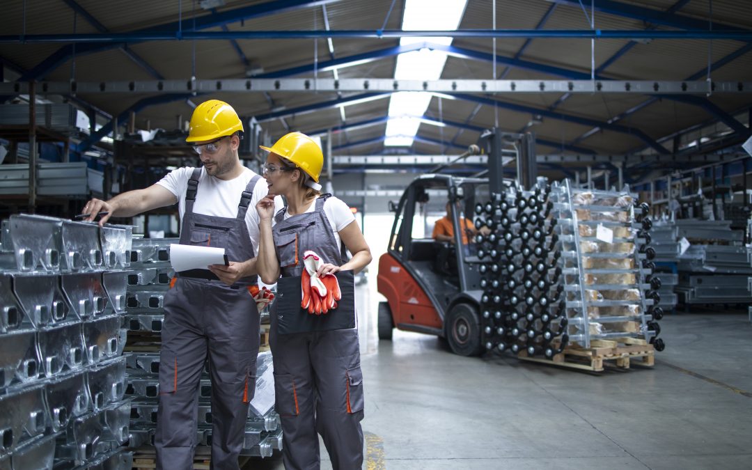 Factory workers checking quality products industrial warehouse scaled